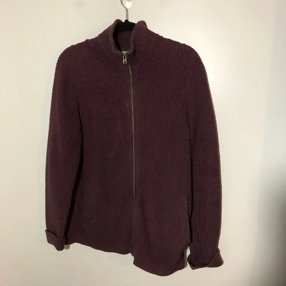 LL Bean mens M organic cotton full zip cranberry red shaker knit cardigan 508221